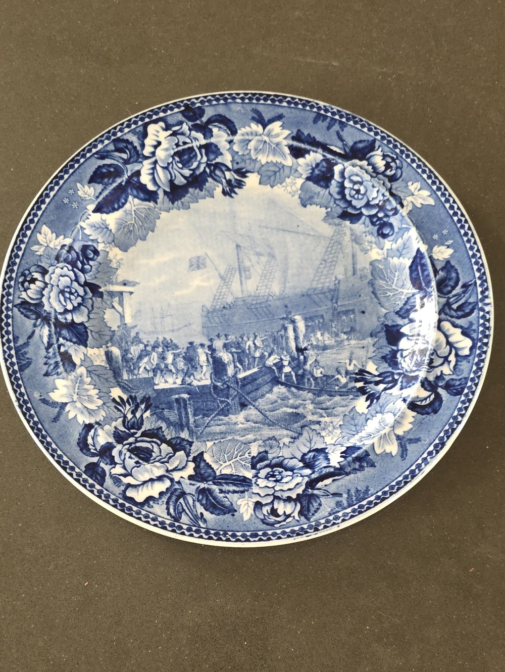Wedgwood Blue and White Boston Tea Party Transferware Plate with Floral Border